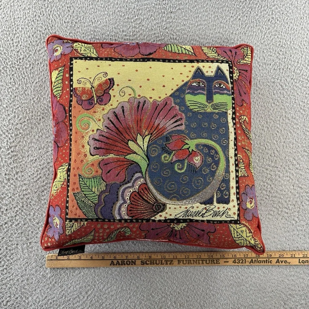 Laurel Burch Cat Tapestry Pillow 18x18 Accent Colorful Signed‎ Whimsical Velvet